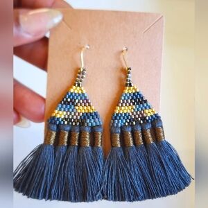 Handcrafted Blue and Gold Beaded Tassel Earrings